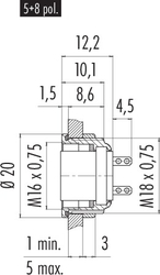 M16 IP67 female panel mount connector, Contacts: 2, shielding is not possible, solder, IP67, UL