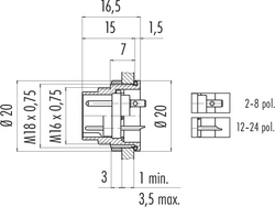 M16 IP67 male panel mount connector, Contacts: 3 DIN, shielding is not possible, solder, IP67, UL, front mounting