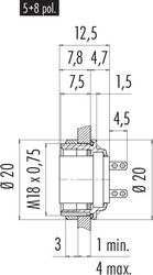 M16 IP67 female panel mount connector, Contacts: 4, shielding is not possible, solder, IP67, UL, front mounting