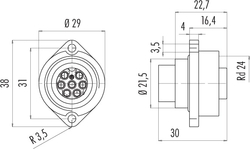 RD24 female panel mount connector, Contacts: 6+PE, shielding is not possible, crimp (Crimp contacts must be ordered separately), IP67