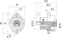 RD24 female panel mount connector, Contacts: 6+PE, shielding is not possible, screw clamp, IP67