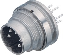 M16 IP40 male panel mount connector, Contacts: 6 DIN, shielding is not possible, dip-solder, IP40, front mounting