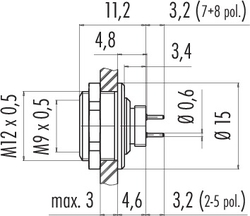 M9 IP67 female panel mount connector, Contacts: 7, shielding is not possible, dip-solder, IP67, front mounting