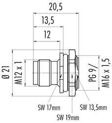 M12-A male panel mount connector, Contacts: 4, not shielded, solder, IP68, UL, PG9