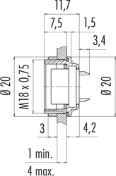 M16 IP67 female panel mount connector, Contacts: 14, shielding is not possible, solder, IP67, UL, front mounting