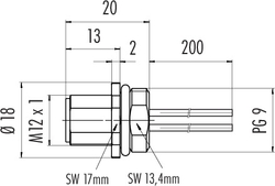 M12-A male panel mount connector, Contacts: 5, not shielded, single wires, IP67, UL, PG9, for the power supply