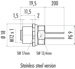 M12-A female panel mount connector, Contacts: 12, not shielded, single wires, IP68, UL, PG9