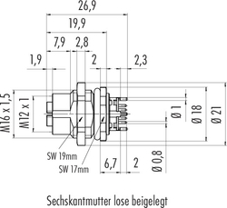 M12-X 8 Kontaklı Dişi Panel Üzeri Konnektör