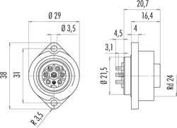 RD24 female panel mount connector, Contacts: 6+PE, shielding is not possible, solder, IP67, UL, ESTI+, VDE