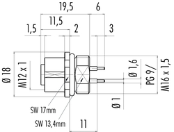 M12-B female panel mount connector, Contacts: 5, not shielded, dip-solder, IP68, UL, PG9