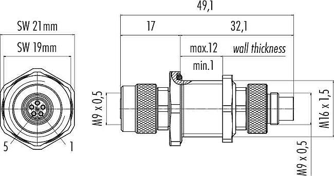 M9 IP67 adapter, Contacts: 5, shieldable, IP67, for the switch cabinet - 2
