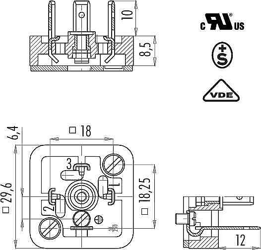 Size A male connector (panel mount), Contacts: 3+PE, not shielded, solder, IP40 without seal, UL, ESTI+, VDE - 2