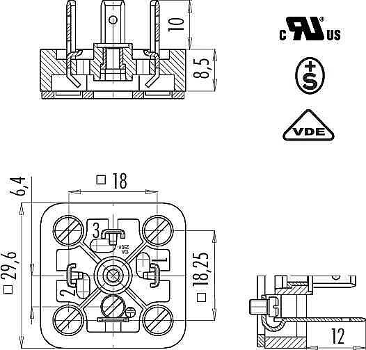 Size A male connector (panel mount), Contacts: 3+PE, not shielded, solder, IP40 without seal, UL, ESTI+, VDE - 2