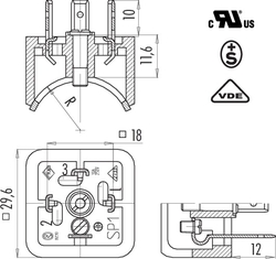 Size A male power connector, contacts angled inwards, Contacts: 2+PE, not shielded, solder, IP40 without seal, UL, ESTI+, VDE