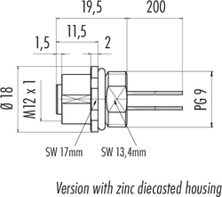 M12-A female panel mount connector, Contacts: 5, not shielded, single wires, IP68, PG9