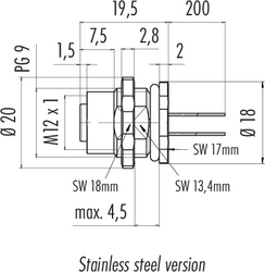 M12-A female panel mount connector, Contacts: 5, not shielded, single wires, IP68, UL, PG9 front mounting VA, front mounting