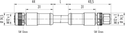 M12-T connecting cord, Contacts: 4, not shielded, moulded on cable, IP68, M12x1.0, PUR black, 4 x 1.50 mm²