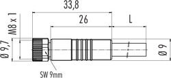 M8 female cable connector, Contacts: 3, not shielded, moulded on cable, IP67, UL listed, PUR black, 3 x 0.34 mm²