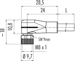 M8 female angled connector, Contacts: 3, not shielded, moulded on cable, IP67, UL listed, PVC grey, 3 x 0.34 mm²