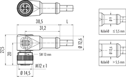 M12-A female angled connector, Contacts: 5, not shielded, moulded on cable, IP69K, UL listed, PUR black, 5 x 0.34 mm²