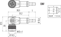 M12-A female angled connector, Contacts: 4, shielded, moulded on cable, IP67, UL listed, PVC grey, 4 x 0.34 mm²