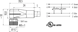 M8 female angled connector, Contacts: 3, not shielded, moulded on cable, IP67, UL listed, PVC grey, 3 x 0.34 mm²