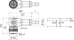 M12-A female angled connector, Contacts: 4, not shielded, moulded on cable, IP69K, UL listed, PUR black, 4 x 0.34 mm²