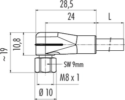 M8 female angled connector, Contacts: 8, not shielded, moulded on cable, IP67, UL listed, PUR black, 8 x 0.25 mm²