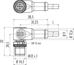 M12-B male angled connector, Contacts: 5, not shielded, moulded on cable, IP68, UL listed, PVC grey, 5 x 0.34 mm²