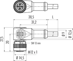 M12-B female angled connector, Contacts: 4, not shielded, moulded on cable, IP68, UL listed, PUR black, 4 x 0.34 mm²