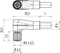 M5 female angled connector, Contacts: 3, not shielded, moulded on cable, IP67, M5x0.5, PUR black, 3 x 0.25 mm²