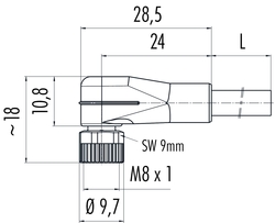 M8 female angled connector, Contacts: 4, not shielded, moulded on cable, IP67, UL listed, PVC grey, 4 x 0.34 mm²