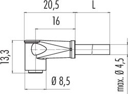 M8 female angled connector, Contacts: 4, not shielded, moulded on cable, IP65, PUR black, 4 x 0.25 mm²