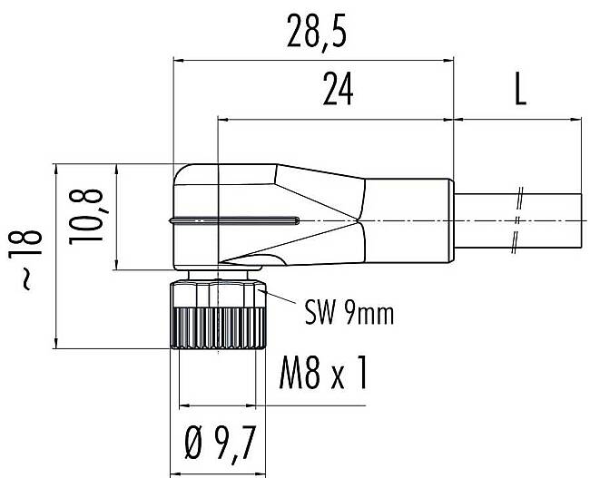 M8 female angled connector, Contacts: 3, not shielded, moulded on cable, IP67, UL listed, PVC grey, 3 x 0.34 mm² - 2