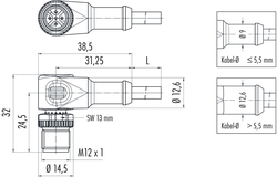 M12-A male angled connector, Contacts: 4, not shielded, moulded on cable, IP69K, UL listed, PUR black, 4 x 0.34 mm²