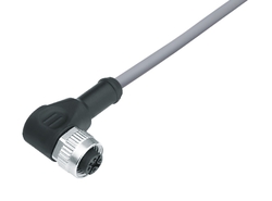 M12-A female angled connector, Contacts: 3, not shielded, moulded on cable, IP69K, UL listed, PVC grey, 3 x 0.34 mm²