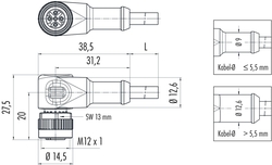 M12-A female angled connector, Contacts: 3, not shielded, moulded on cable, IP69K, UL listed, PVC grey, 3 x 0.34 mm²