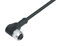 M12-A female angled connector, Contacts: 4, not shielded, moulded on cable, IP69K, UL listed, PUR black, 4 x 0.34 mm²