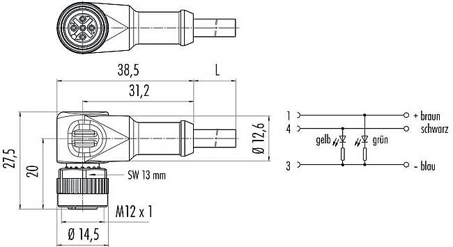 M12-A female angled connector, Contacts: 4, not shielded, moulded on cable, IP69K, UL listed, PVC grey, 4 x 0.34 mm² - 2