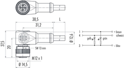 M12-A female angled connector, Contacts: 4, not shielded, moulded on cable, IP69K, UL listed, PUR black, 4 x 0.34 mm²