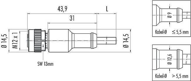 M12-A female cable connector, Contacts: 5, not shielded, moulded on cable, IP69K, UL listed, PVC grey, 5 x 0.34 mm² - 2
