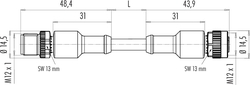 M12-A connecting cord, Contacts: 3, not shielded, moulded on cable, IP68, M12x1.0, PUR black, 3 x 0.34 mm²