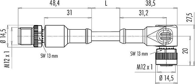 M12-A connecting cord, Contacts: 4, not shielded, moulded on cable, IP68, M12x1.0, PUR black, 4 x 0.34 mm² - 2