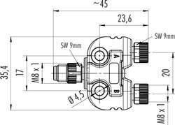 M8 double distributor box, Contacts: 4/3, not shielded, pluggable, IP67, UL listed, M12x1.0