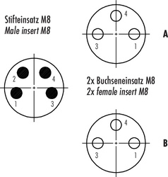 M8 double distributor box, Contacts: 4/3, not shielded, pluggable, IP67, UL listed, M12x1.0