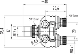 M12-A double distributor box, Contacts: 4/3, not shielded, pluggable, IP68, UL listed