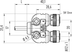 M12-A double distributor box, Contacts: 4, not shielded, moulded on cable, IP68, UL listed, M12x1.0, PUR black, 4 x 0.25 mm²