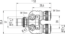 M12-A double distributor box, Contacts: 4/3, not shielded, pluggable, IP68, UL listed, M12x1.0