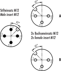 M12-A double distributor box, Contacts: 4/3, not shielded, pluggable, IP68, UL listed, M12x1.0