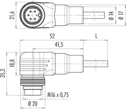 M16 IP67 male angled connector, Contacts: 12, not shielded, moulded on cable, IP67, Standard cable, PUR black, 12 x 0.25 mm²